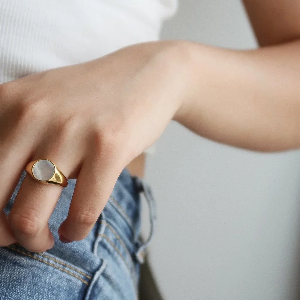 NEW 18K Gold Plated Mother of Pearl Round Signet Ring